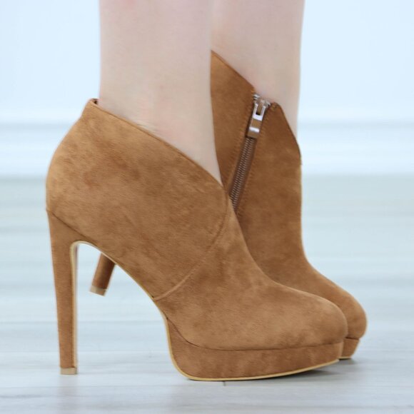 Tan High Heel Ankle Boots Platform Stilettos Faux Suede - Picture 3 of 13